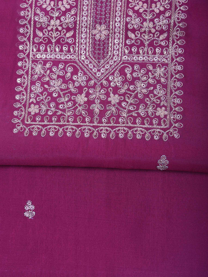 Magenta Chanderi Embroidered Unstitched Dress Material