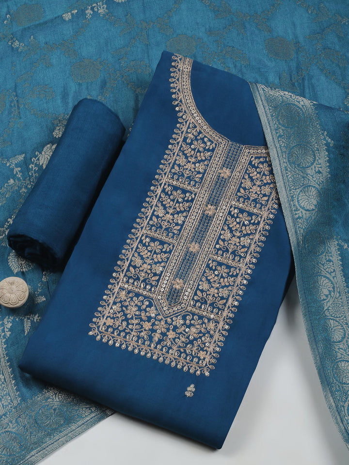 Teal Blue Chanderi Embroidered Unstitched Dress Material