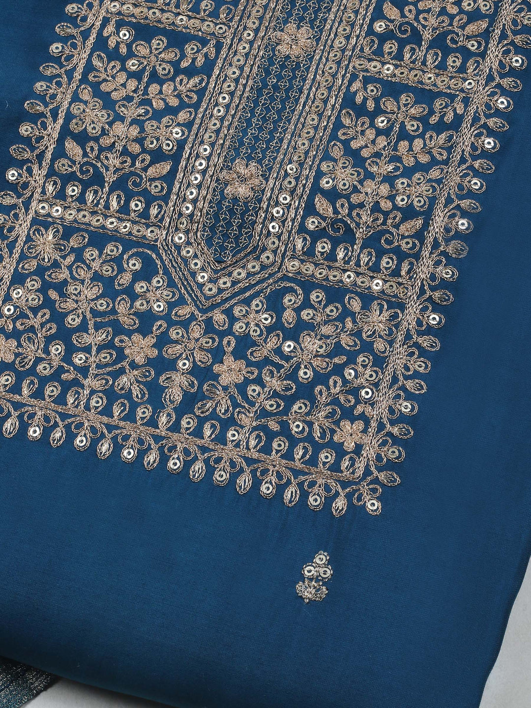 Teal Blue Chanderi Embroidered Unstitched Dress Material