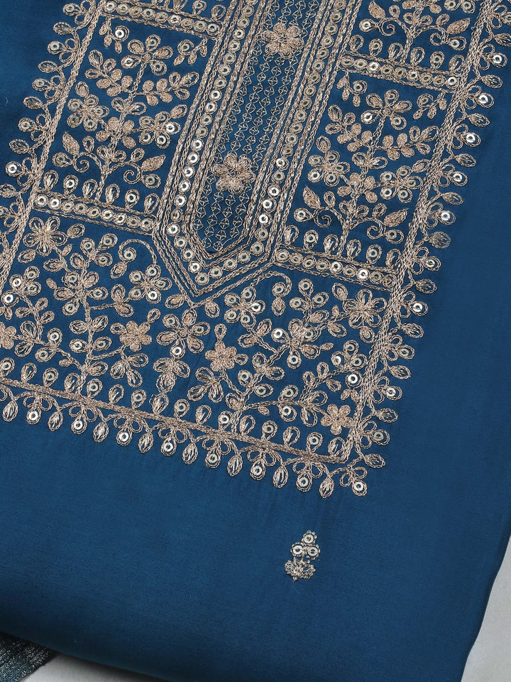 Teal Blue Chanderi Embroidered Unstitched Dress Material