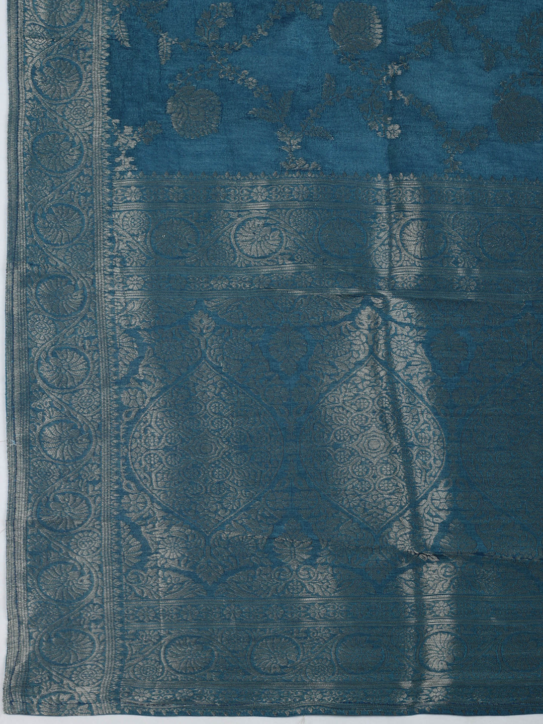 Teal Blue Chanderi Embroidered Unstitched Dress Material