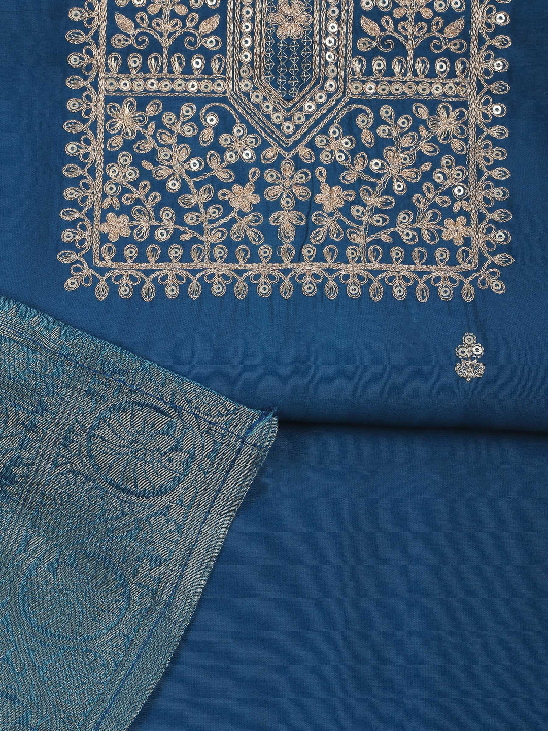 Teal Blue Chanderi Embroidered Unstitched Dress Material