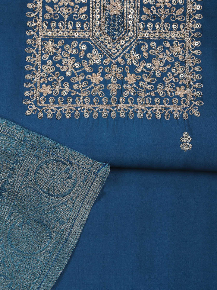 Teal Blue Chanderi Embroidered Unstitched Dress Material