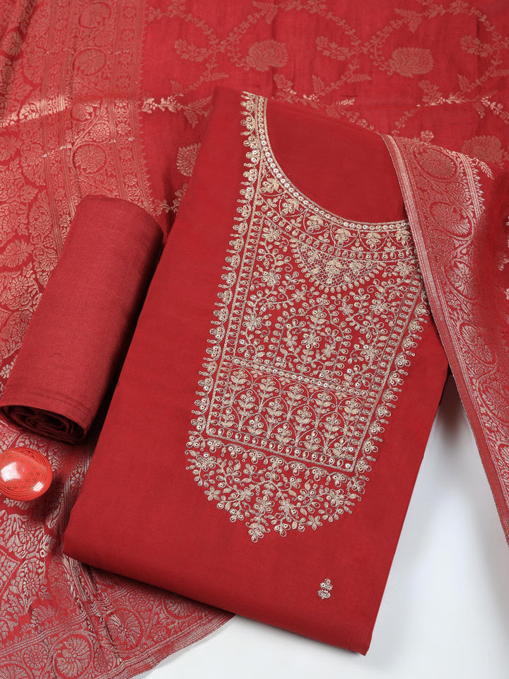 Maroon Chanderi Embroidered Unstitched Dress Material