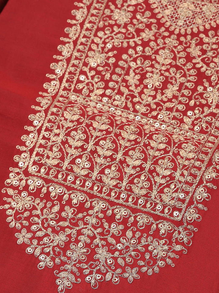 Maroon Chanderi Embroidered Unstitched Dress Material