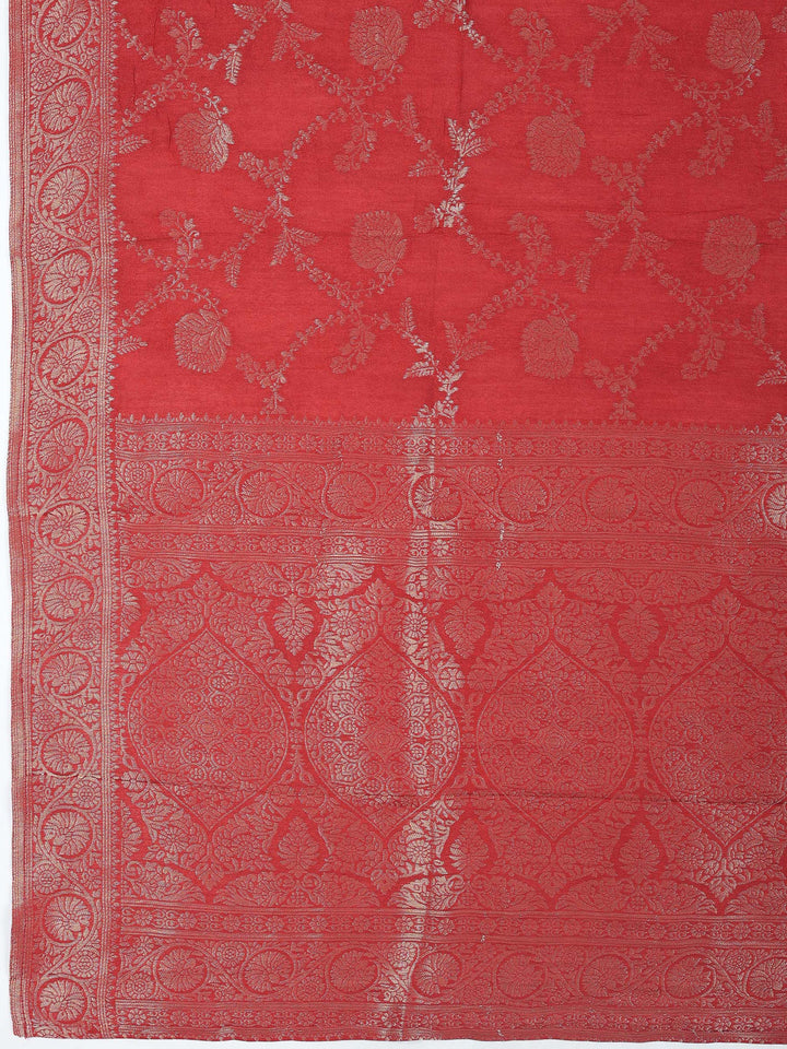 Maroon Chanderi Embroidered Unstitched Dress Material