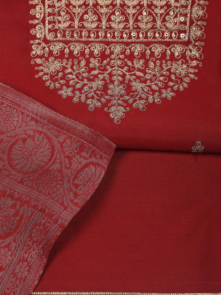 Maroon Chanderi Embroidered Unstitched Dress Material
