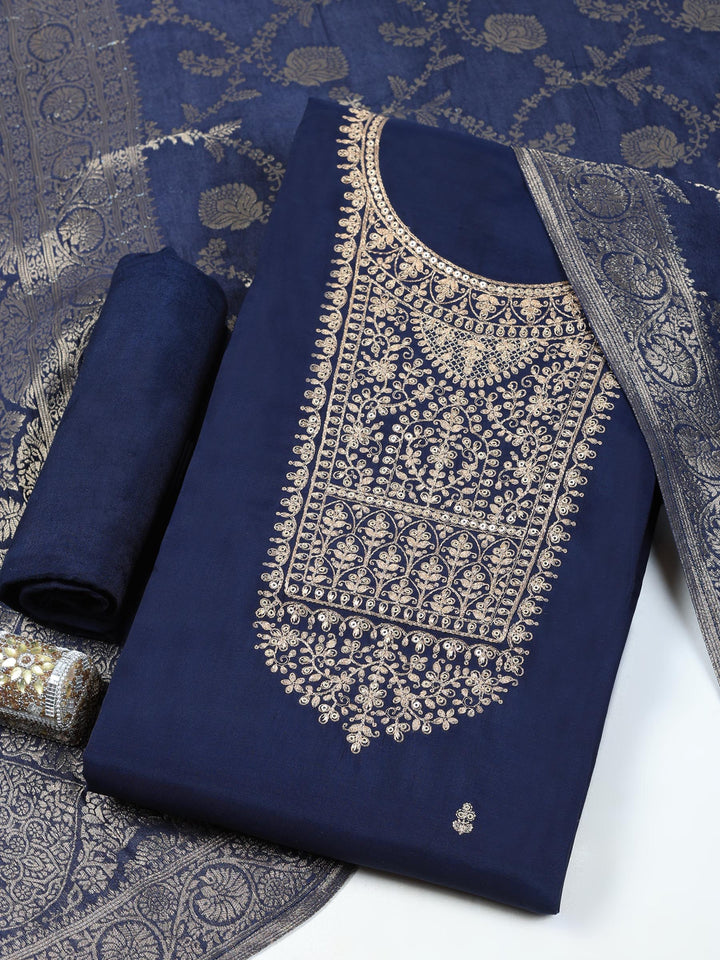 Navy Blue Chanderi Embroidered Unstitched Dress Material