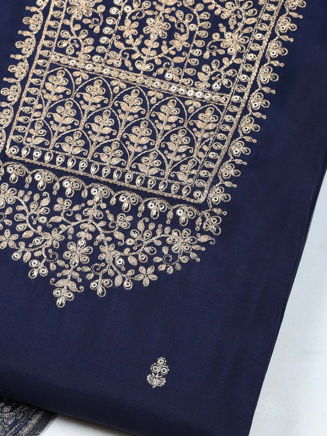 Navy Blue Chanderi Embroidered Unstitched Dress Material