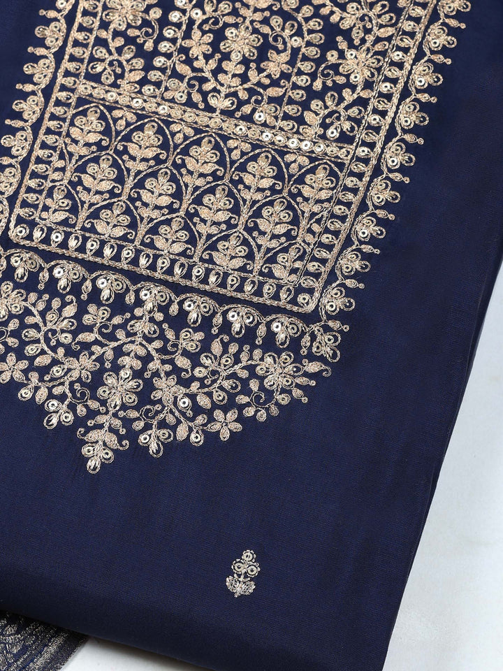 Navy Blue Chanderi Embroidered Unstitched Dress Material