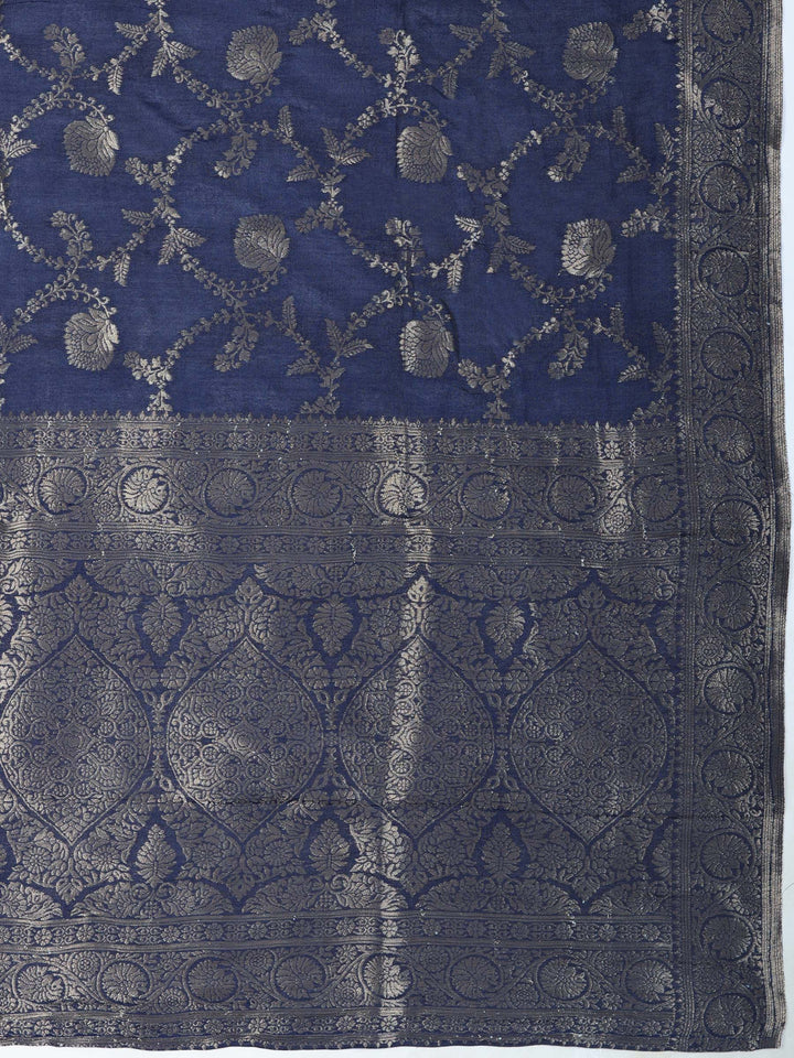 Navy Blue Chanderi Embroidered Unstitched Dress Material