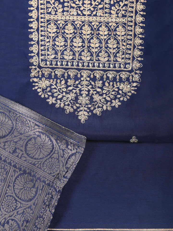 Navy Blue Chanderi Embroidered Unstitched Dress Material