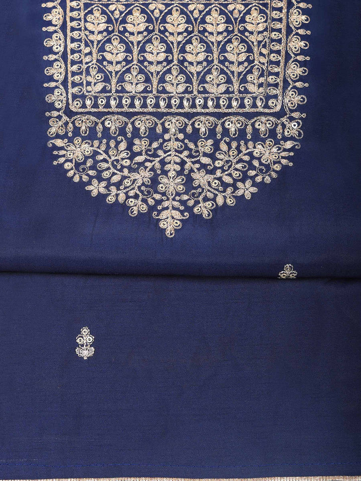 Navy Blue Chanderi Embroidered Unstitched Dress Material