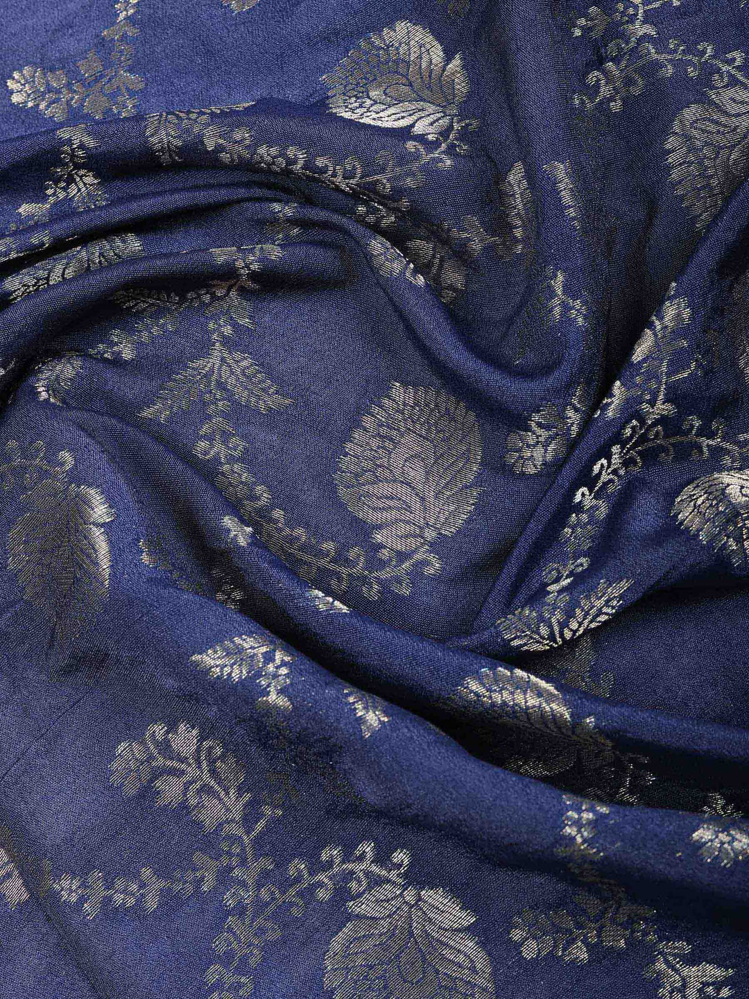 Navy Blue Chanderi Embroidered Unstitched Dress Material