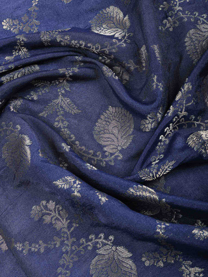 Navy Blue Chanderi Embroidered Unstitched Dress Material