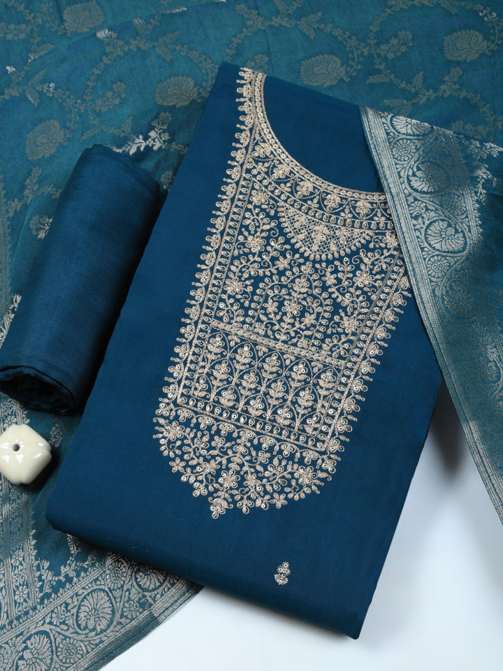 Teal Blue Chanderi Embroidered Unstitched Dress Material