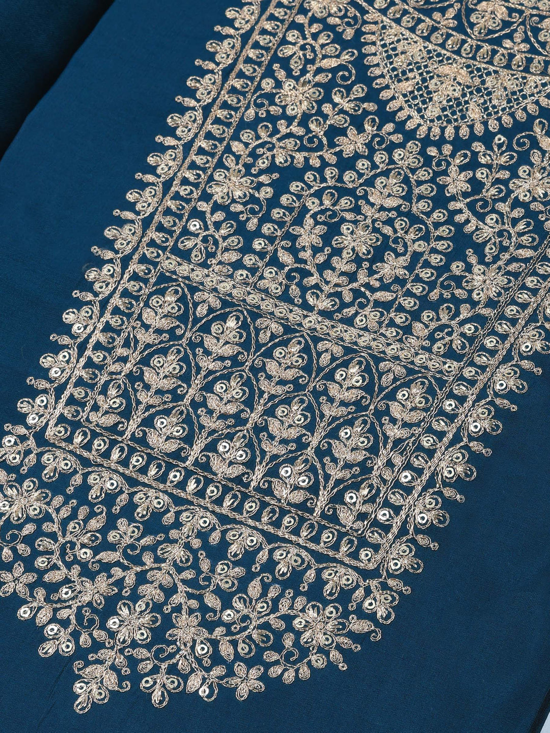 Teal Blue Chanderi Embroidered Unstitched Dress Material