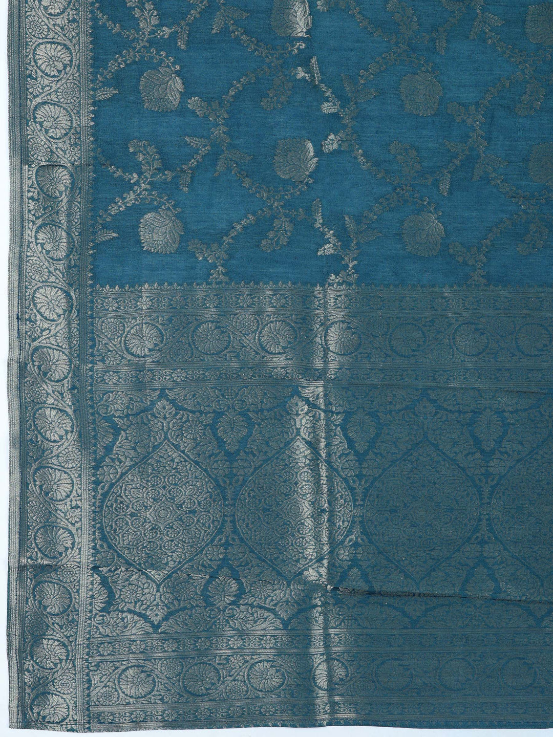 Teal Blue Chanderi Embroidered Unstitched Dress Material