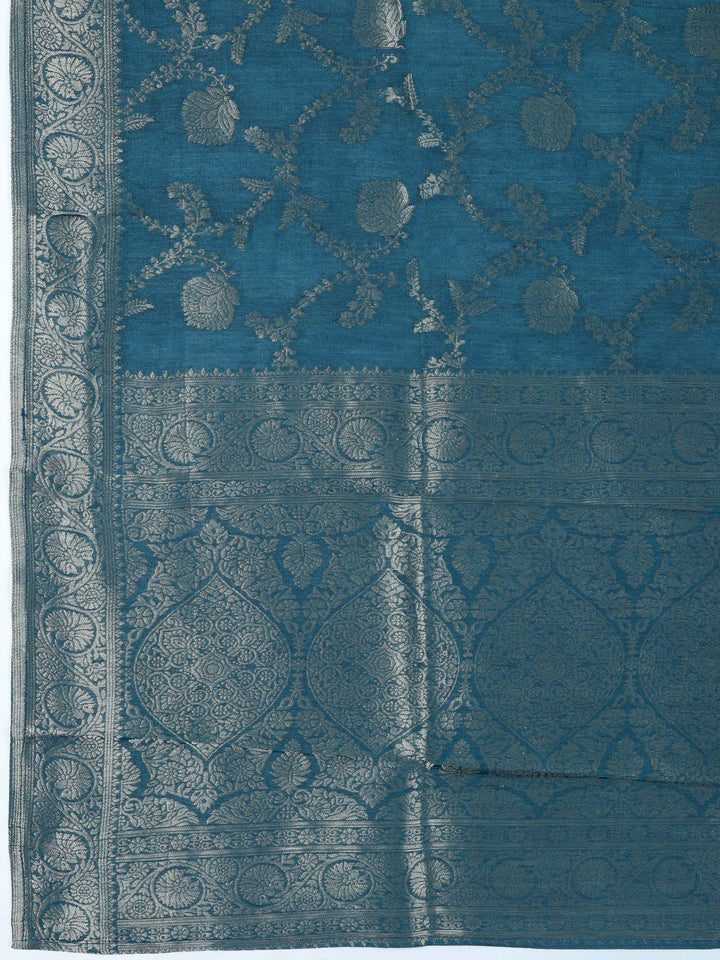 Teal Blue Chanderi Embroidered Unstitched Dress Material
