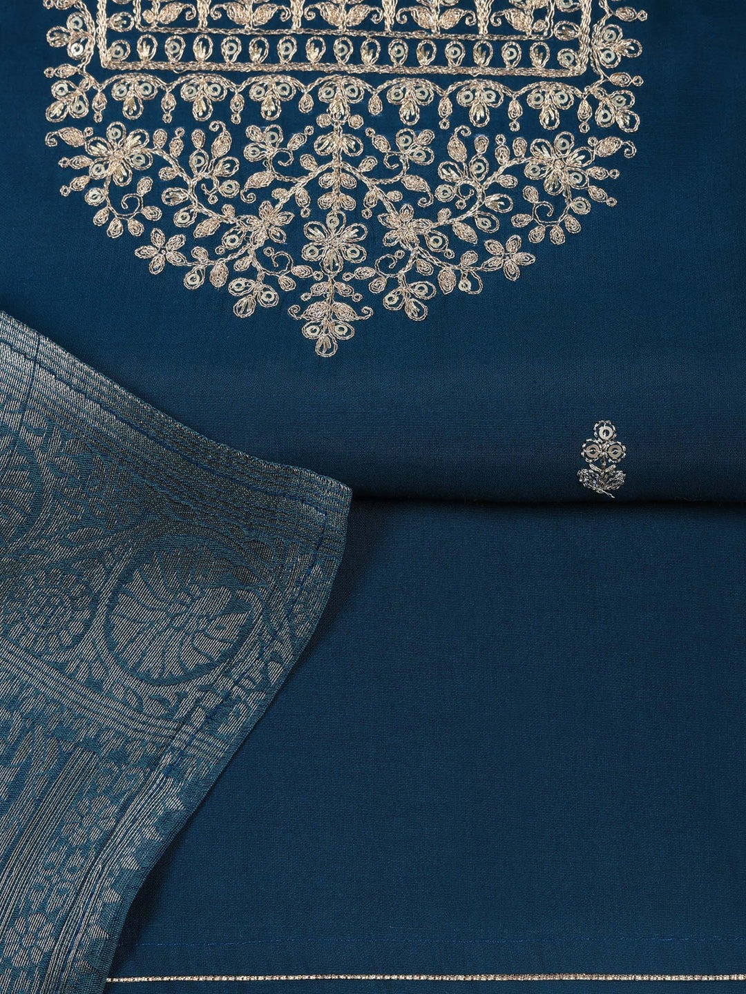 Teal Blue Chanderi Embroidered Unstitched Dress Material