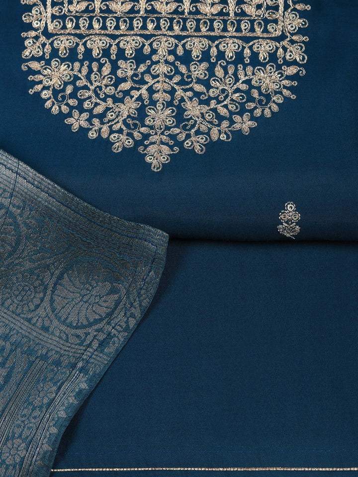 Teal Blue Chanderi Embroidered Unstitched Dress Material