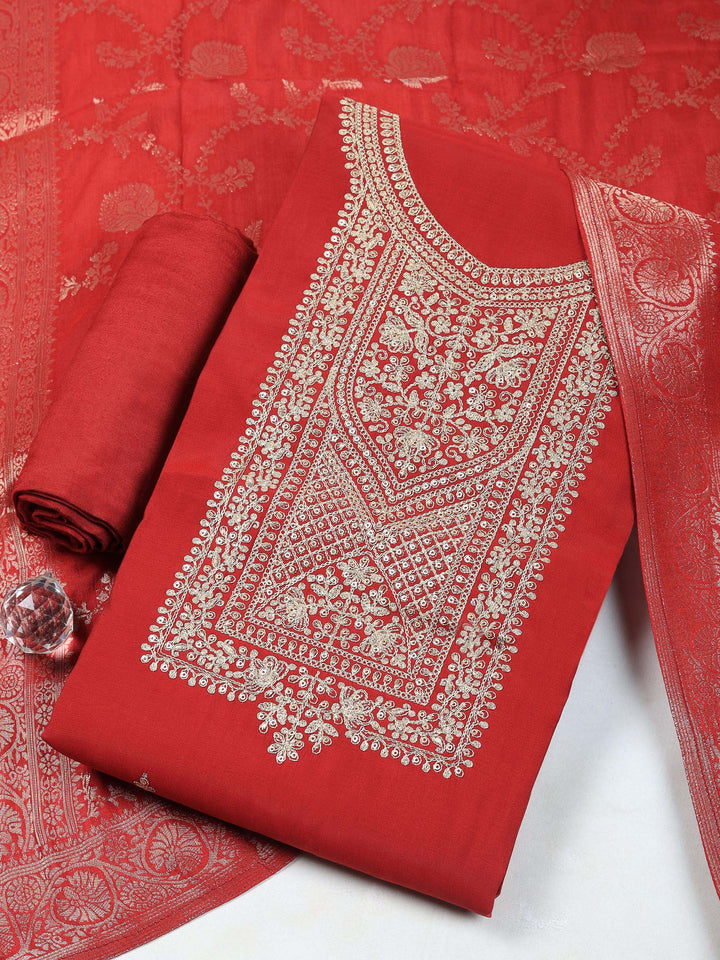Maroon Chanderi Embroidered Unstitched Dress Material