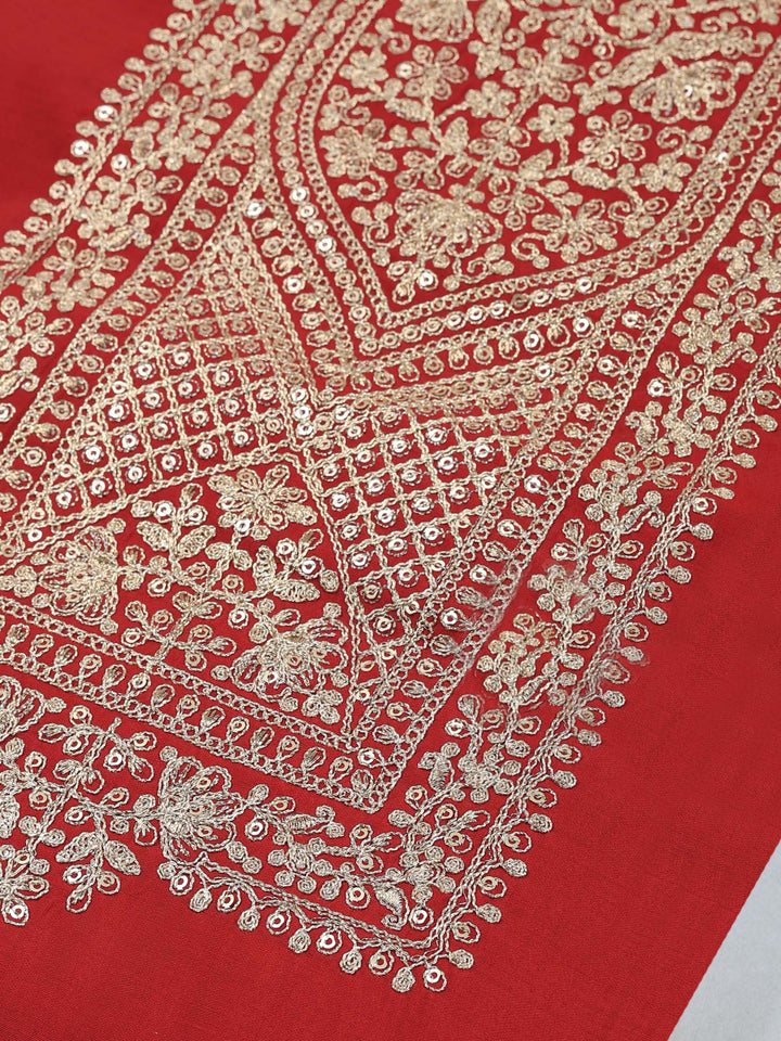 Maroon Chanderi Embroidered Unstitched Dress Material