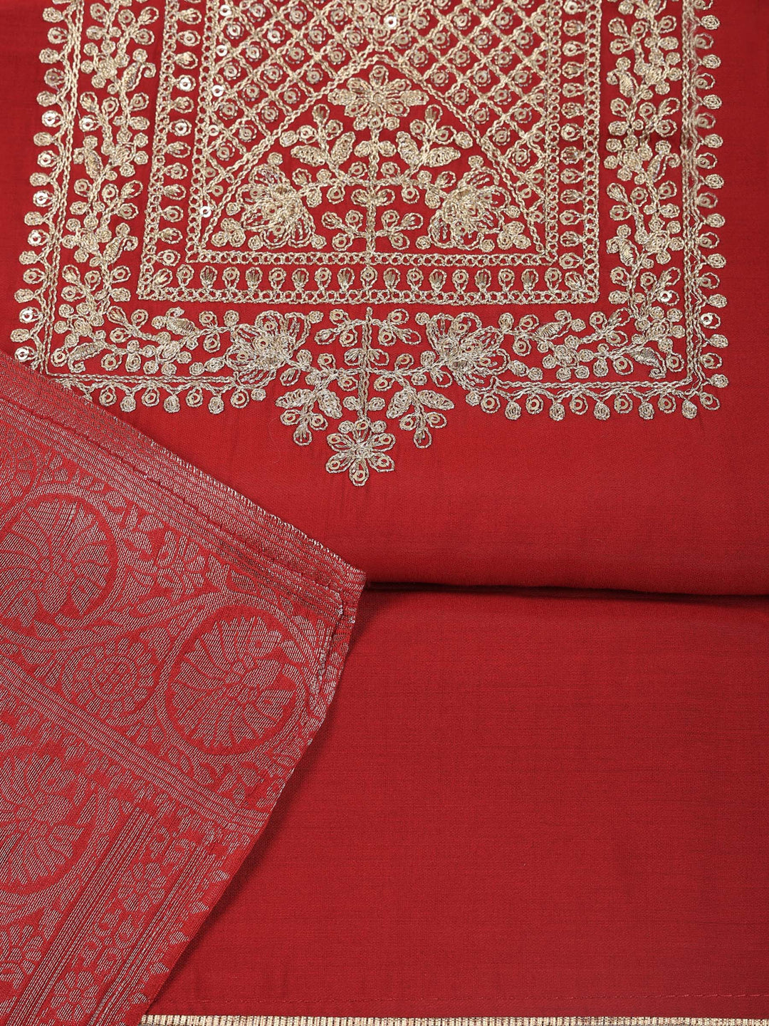 Maroon Chanderi Embroidered Unstitched Dress Material