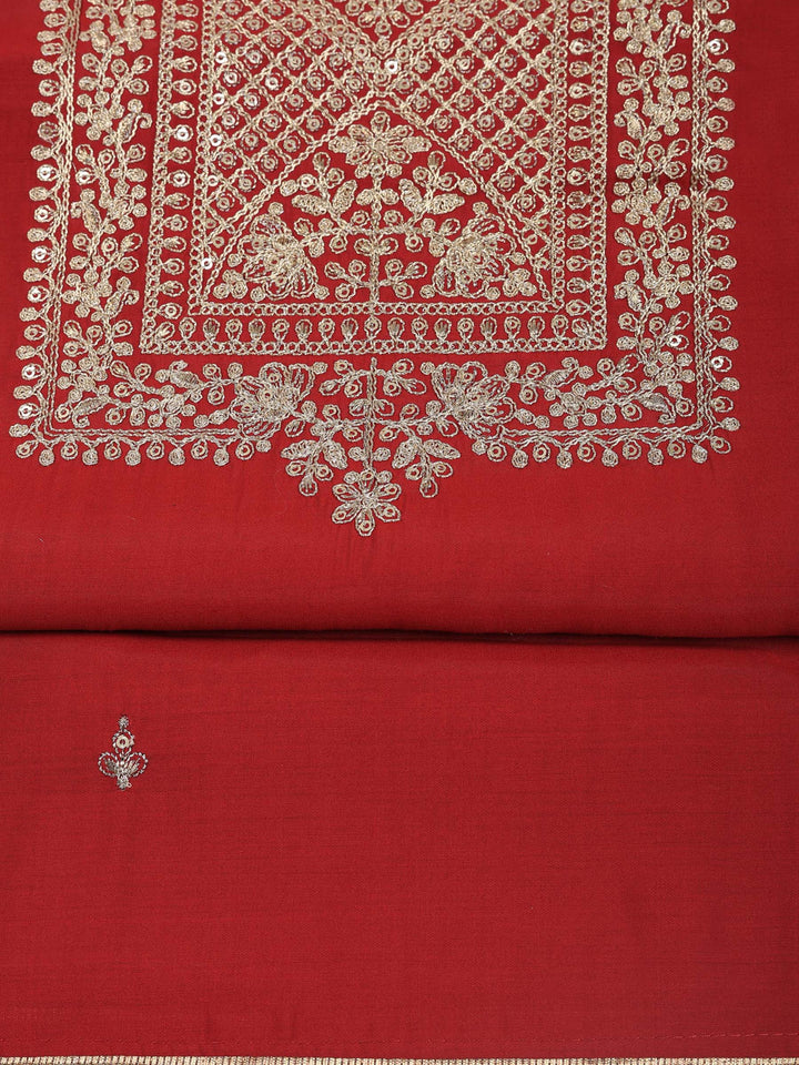 Maroon Chanderi Embroidered Unstitched Dress Material