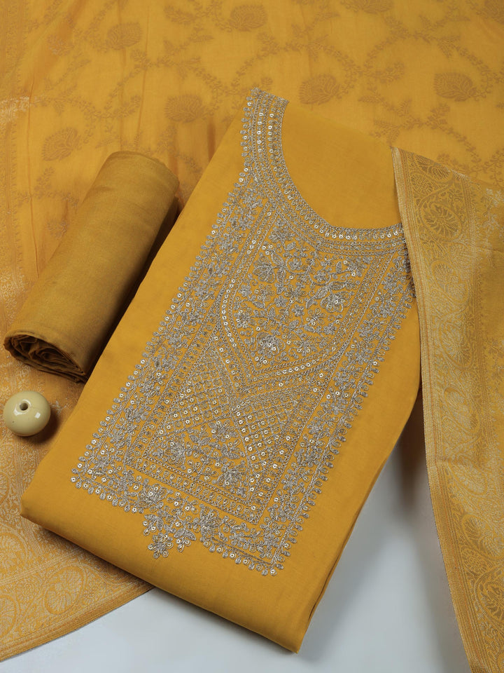 Mustard Chanderi Embroidered Unstitched Dress Material