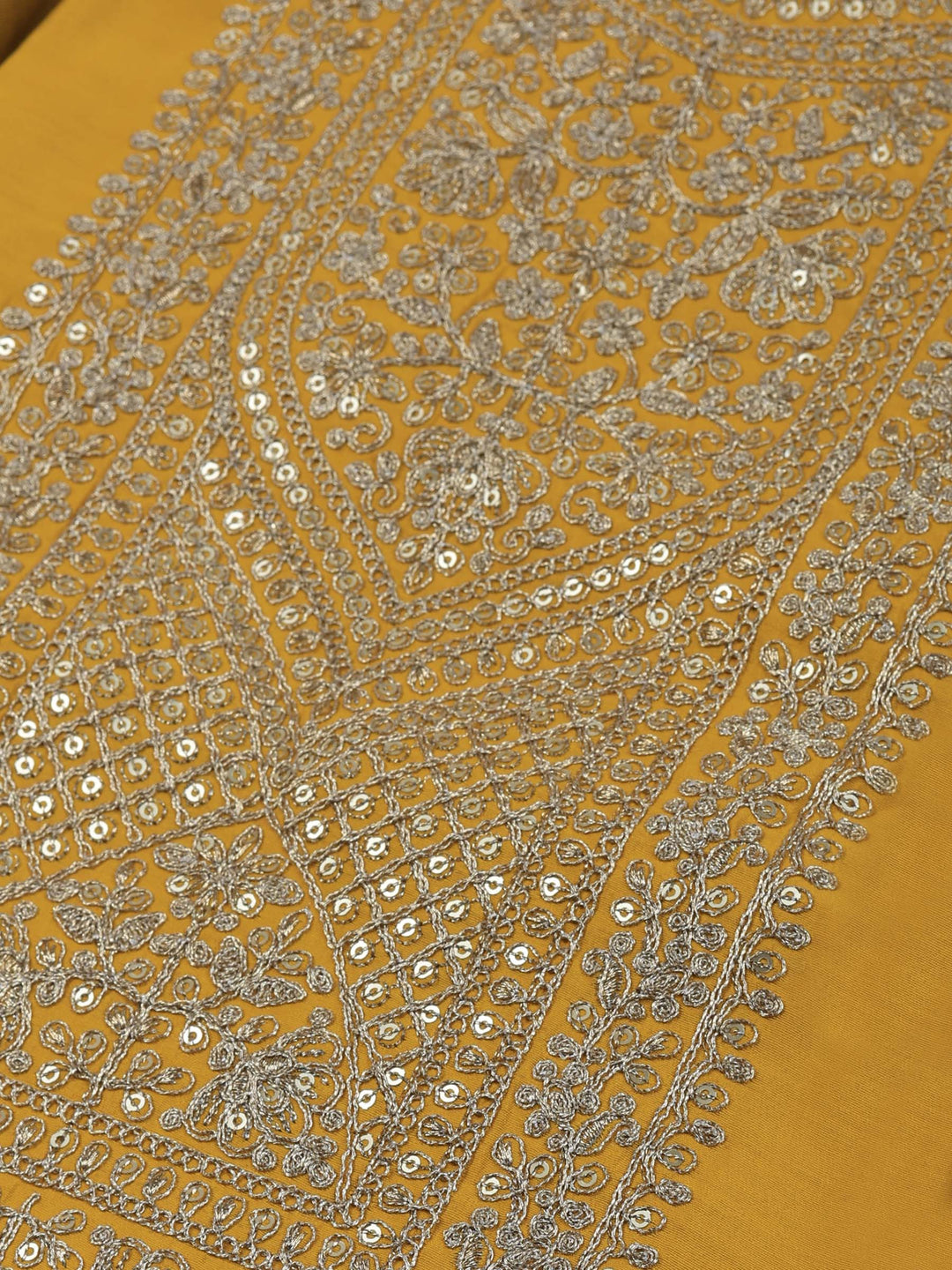 Mustard Chanderi Embroidered Unstitched Dress Material