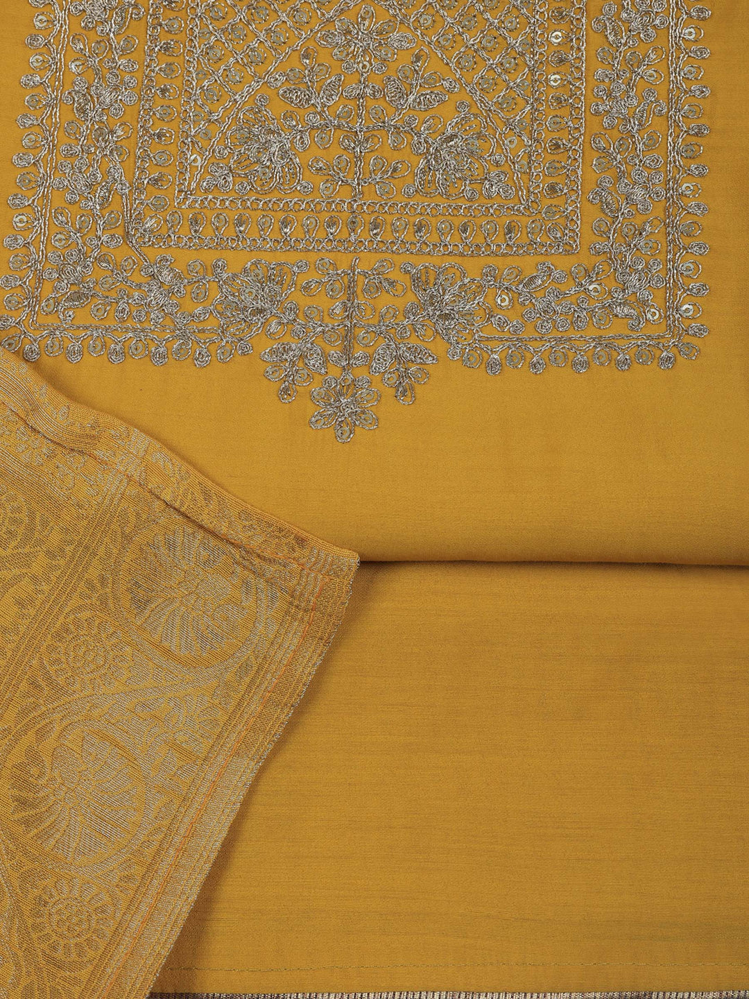 Mustard Chanderi Embroidered Unstitched Dress Material