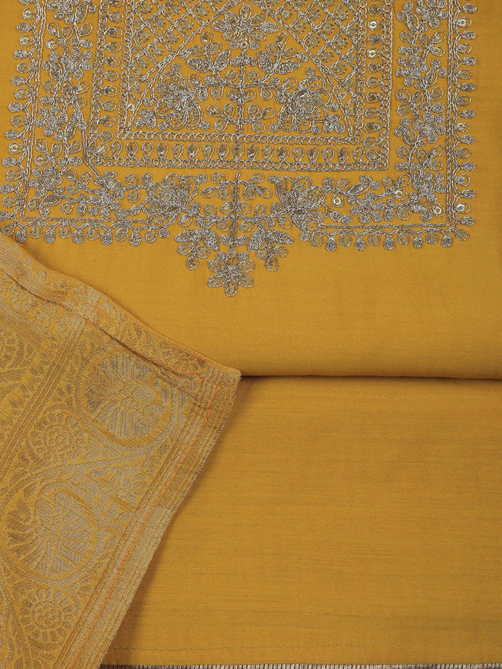 Mustard Chanderi Embroidered Unstitched Dress Material