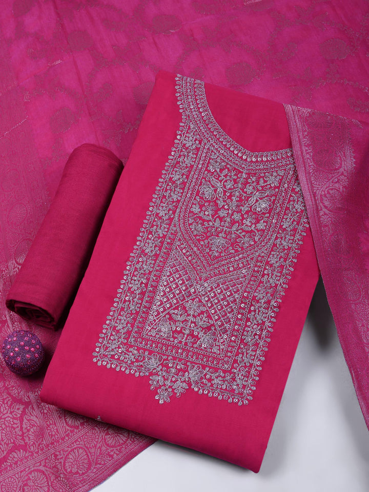 Pink Chanderi Embroidered Unstitched Dress Material