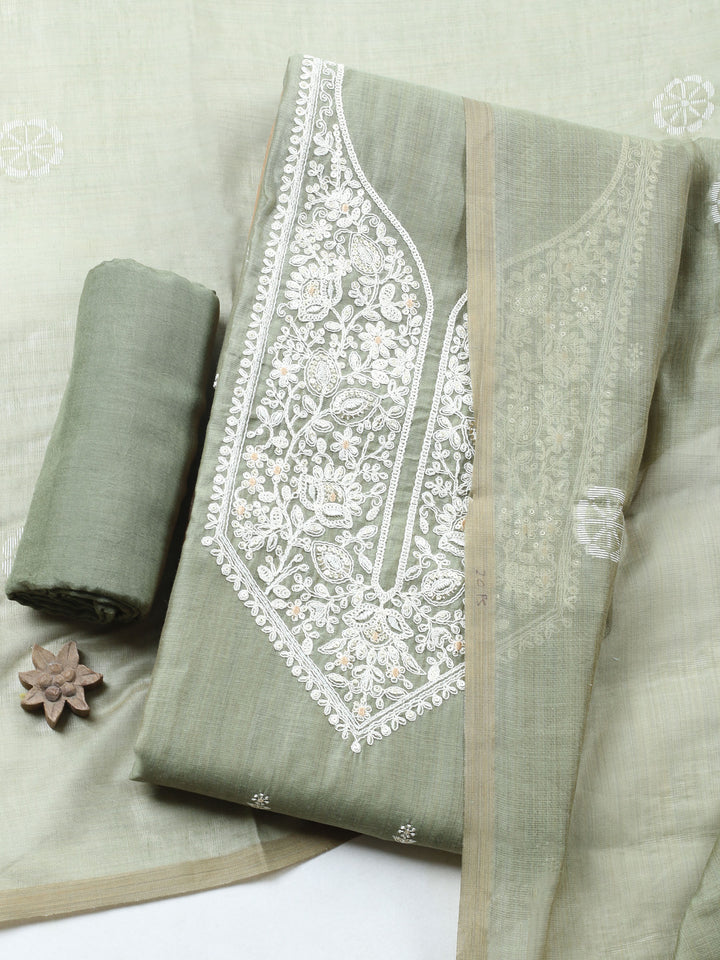 Aqua Green Embroidered Chanderi Unstitched Suit &amp; Pant With Chanderi Dupatta