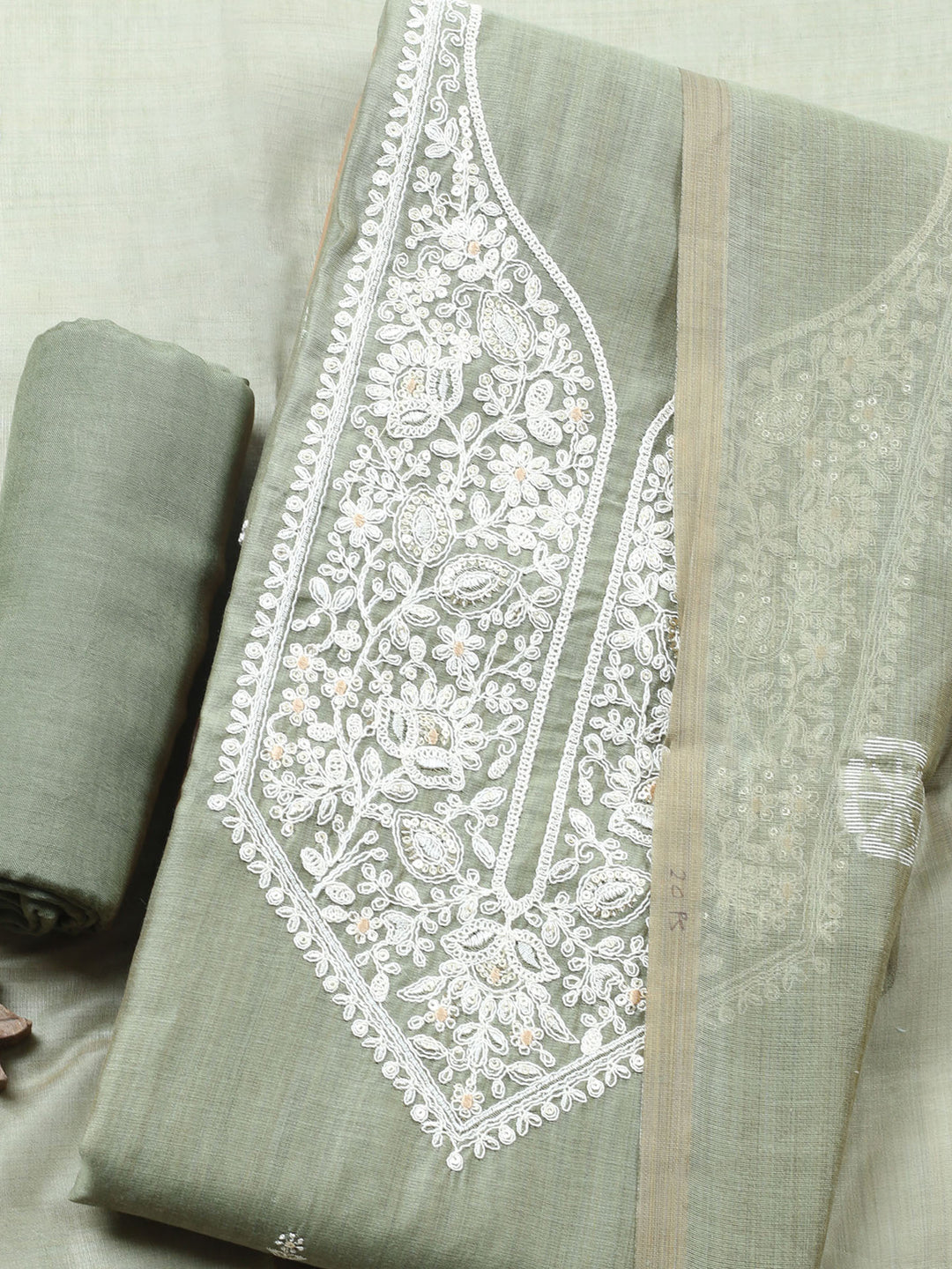 Aqua Green Embroidered Chanderi Unstitched Suit &amp; Pant With Chanderi Dupatta
