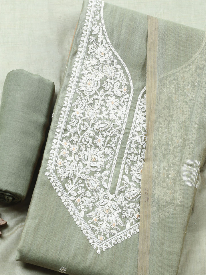 Aqua Green Embroidered Chanderi Unstitched Suit &amp; Pant With Chanderi Dupatta