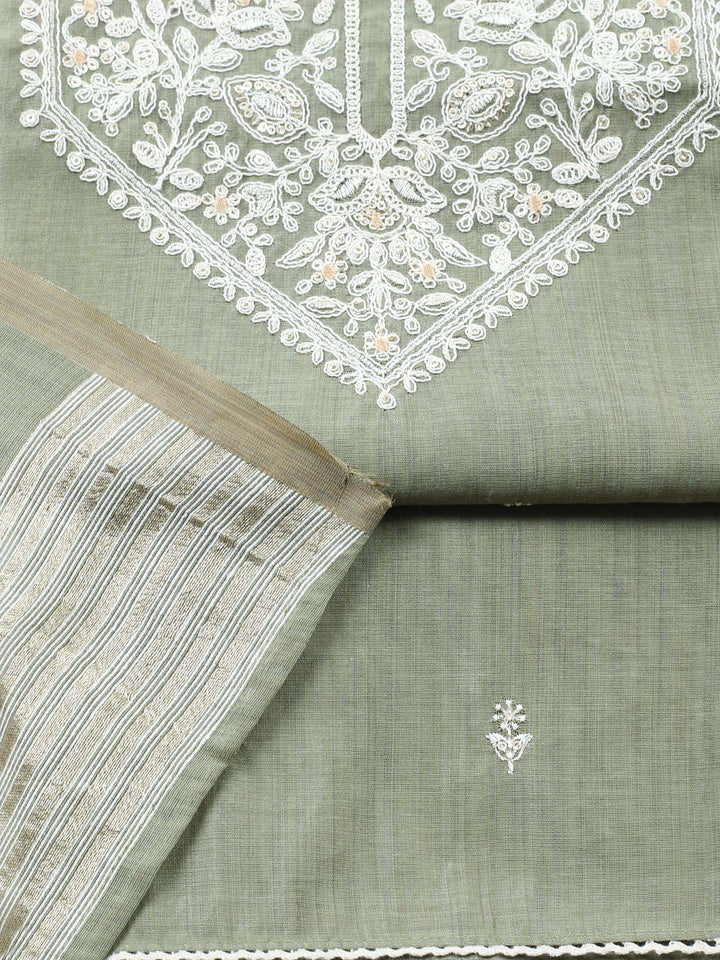 Aqua Green Embroidered Chanderi Unstitched Suit &amp; Pant With Chanderi Dupatta