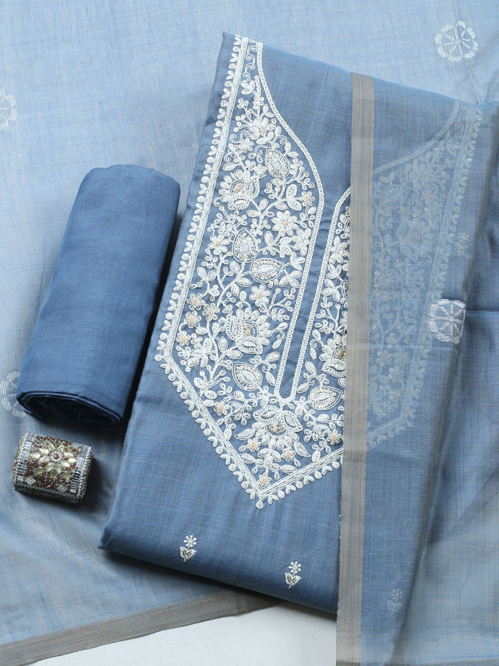 Grey Embroidered Chanderi Unstitched Suit &amp; Pant With Chanderi Dupatta