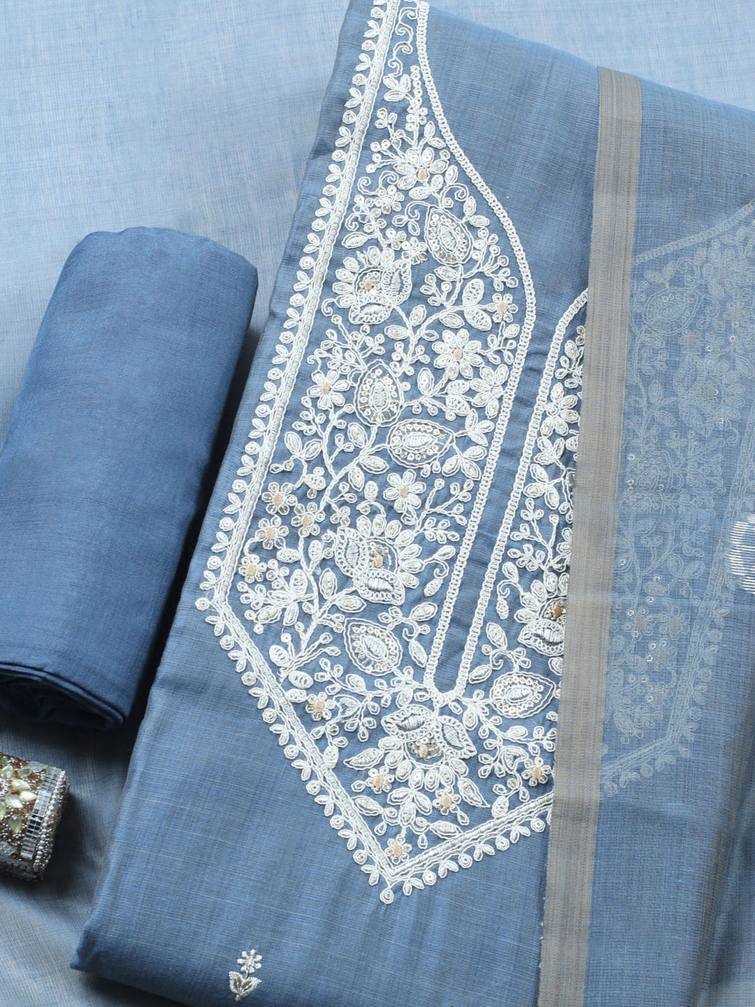 Grey Embroidered Chanderi Unstitched Suit &amp; Pant With Chanderi Dupatta