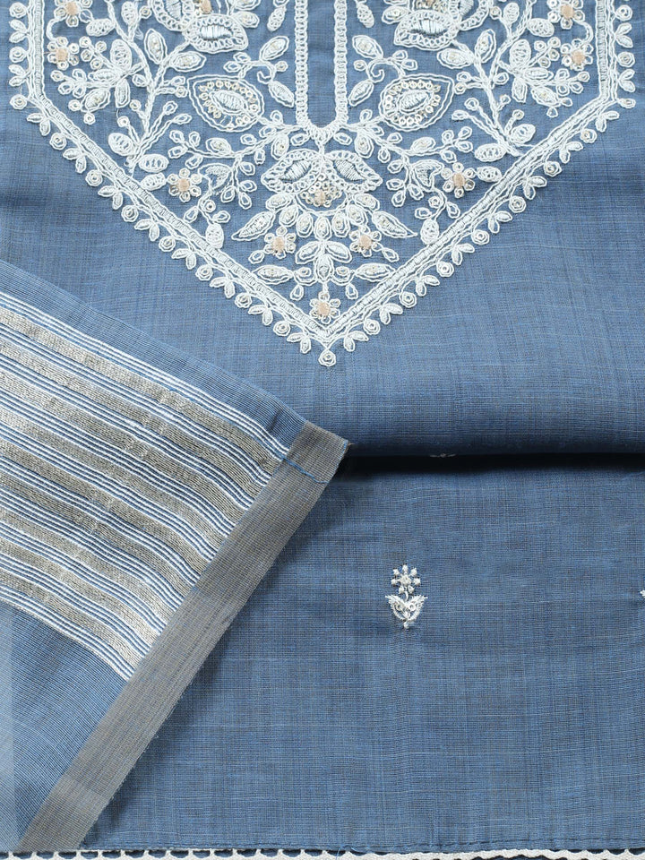 Grey Embroidered Chanderi Unstitched Suit &amp; Pant With Chanderi Dupatta
