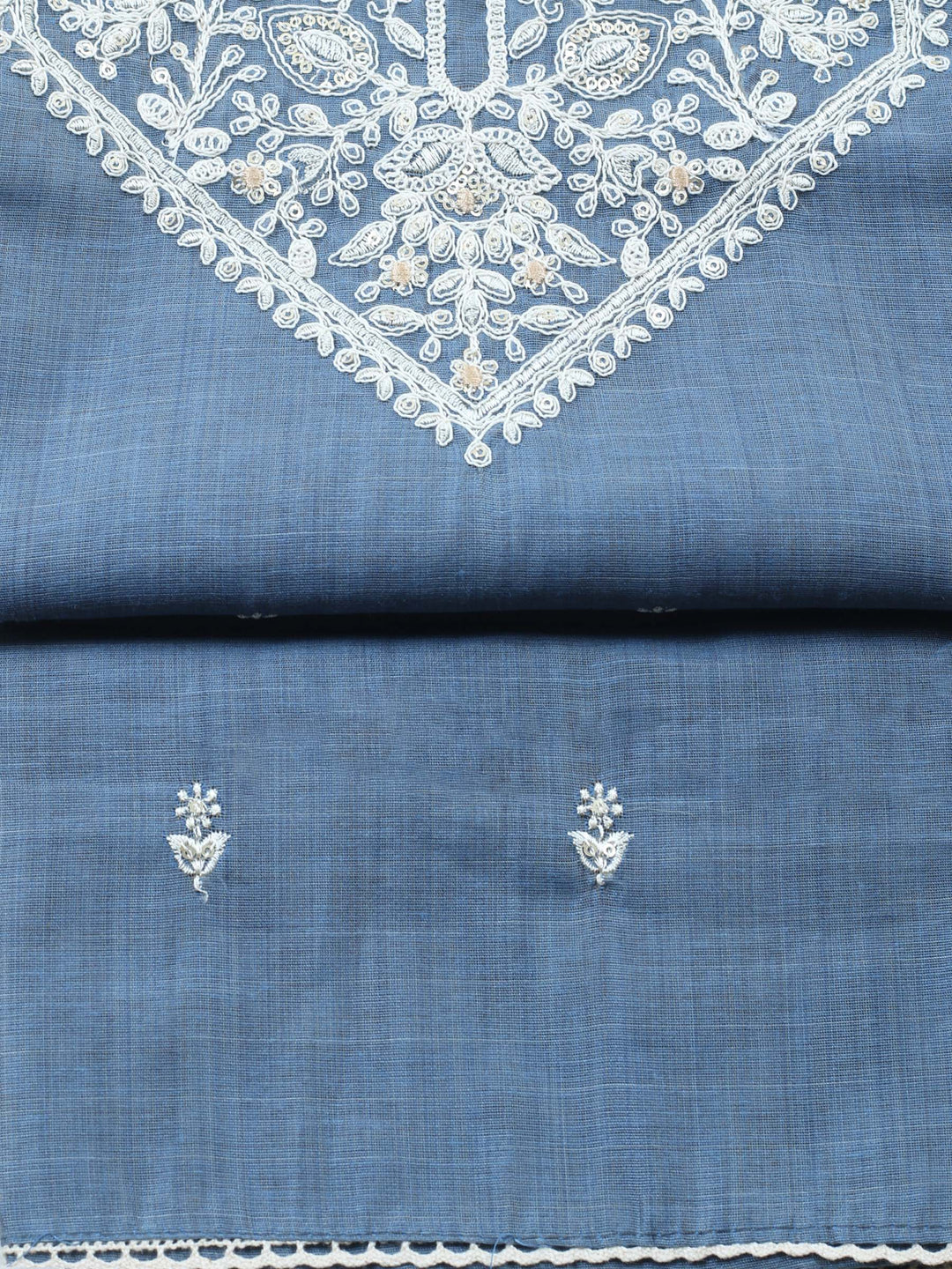 Grey Embroidered Chanderi Unstitched Suit &amp; Pant With Chanderi Dupatta