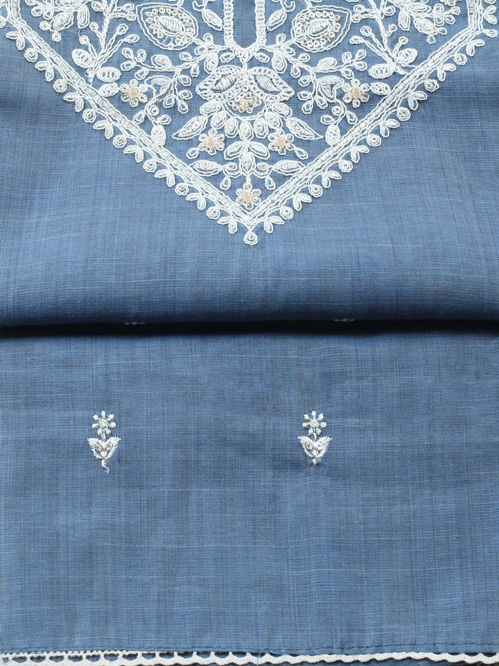 Grey Embroidered Chanderi Unstitched Suit &amp; Pant With Chanderi Dupatta