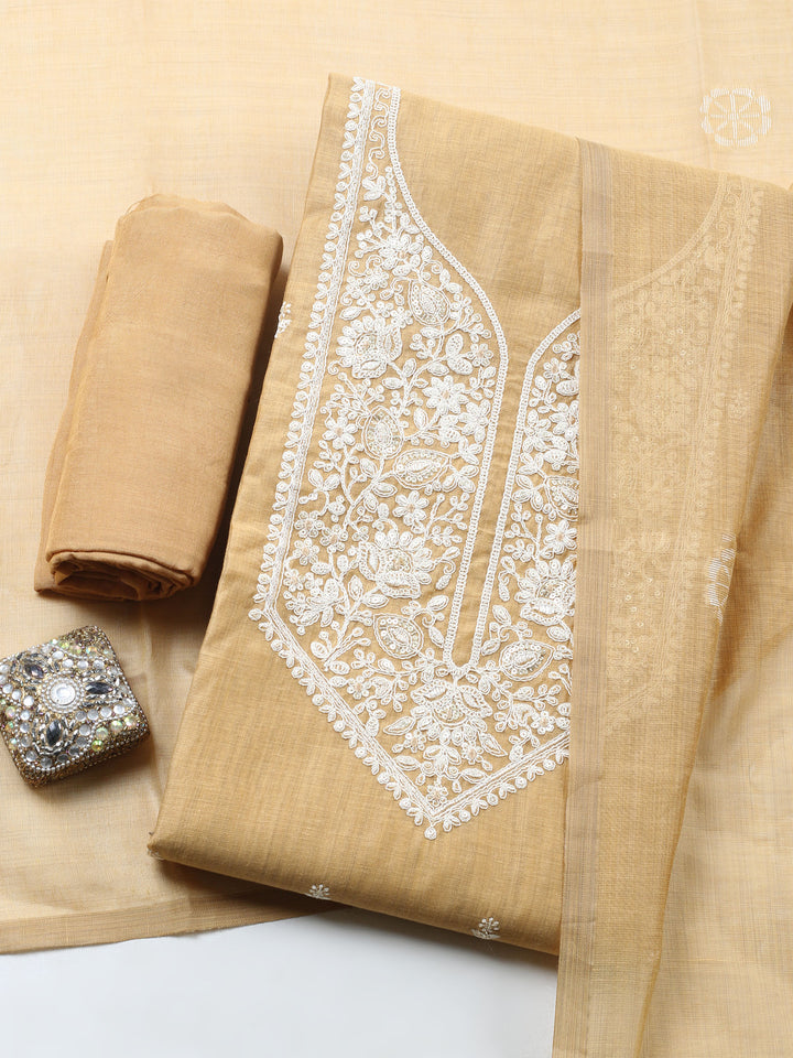 Mustard Embroidered Chanderi Unstitched Suit &amp; Pant With Chanderi Dupatta