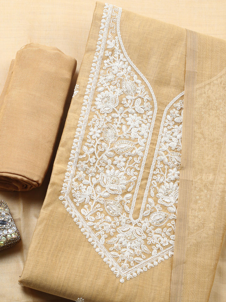 Mustard Embroidered Chanderi Unstitched Suit &amp; Pant With Chanderi Dupatta