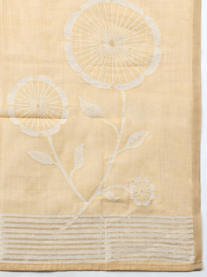 Mustard Embroidered Chanderi Unstitched Suit &amp; Pant With Chanderi Dupatta
