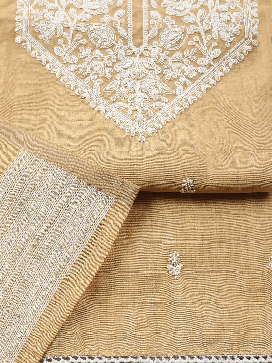 Mustard Embroidered Chanderi Unstitched Suit &amp; Pant With Chanderi Dupatta