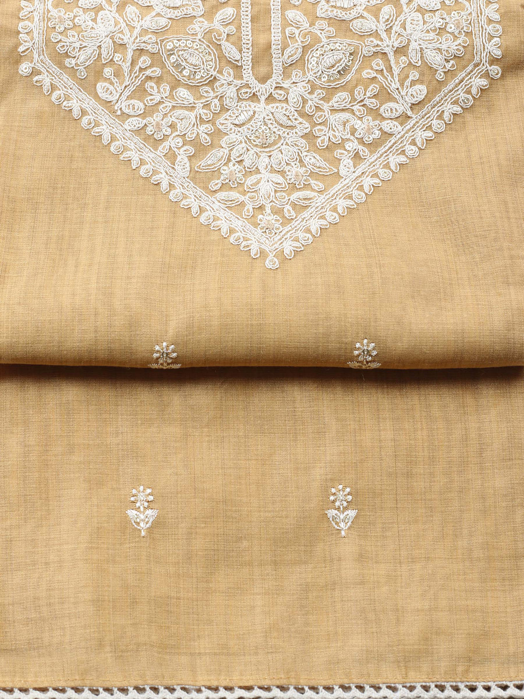 Mustard Embroidered Chanderi Unstitched Suit &amp; Pant With Chanderi Dupatta