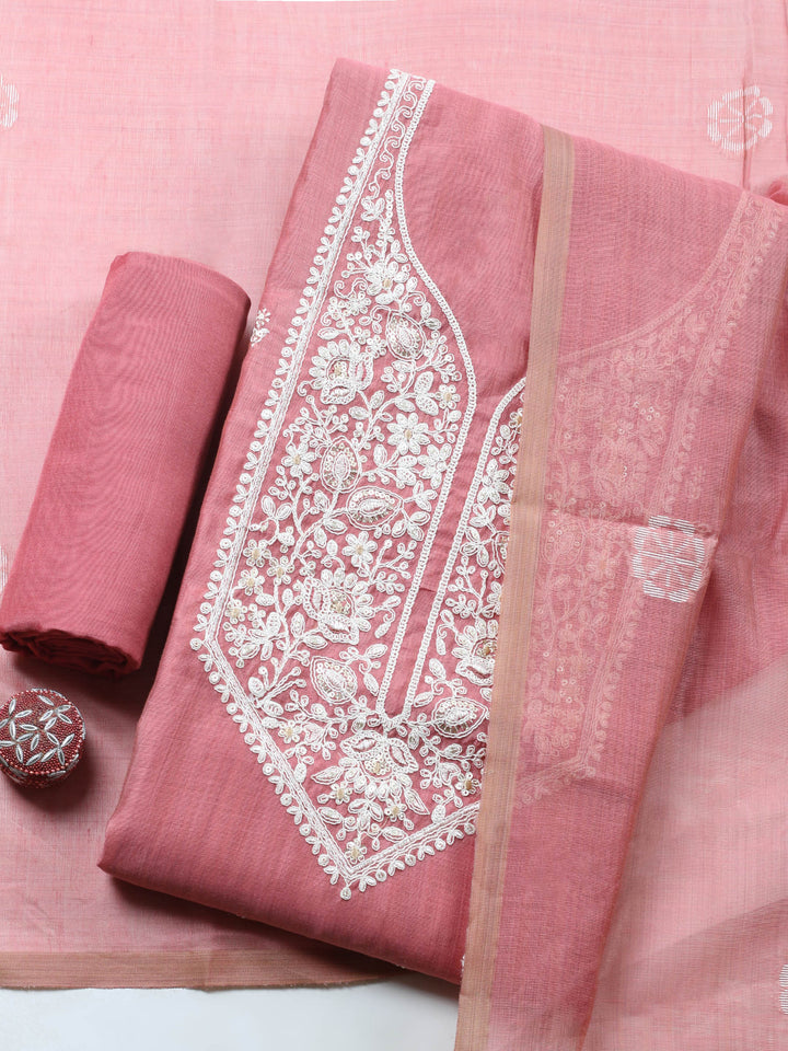 Pink Embroidered Chanderi Unstitched Suit &amp; Pant With Chanderi Dupatta