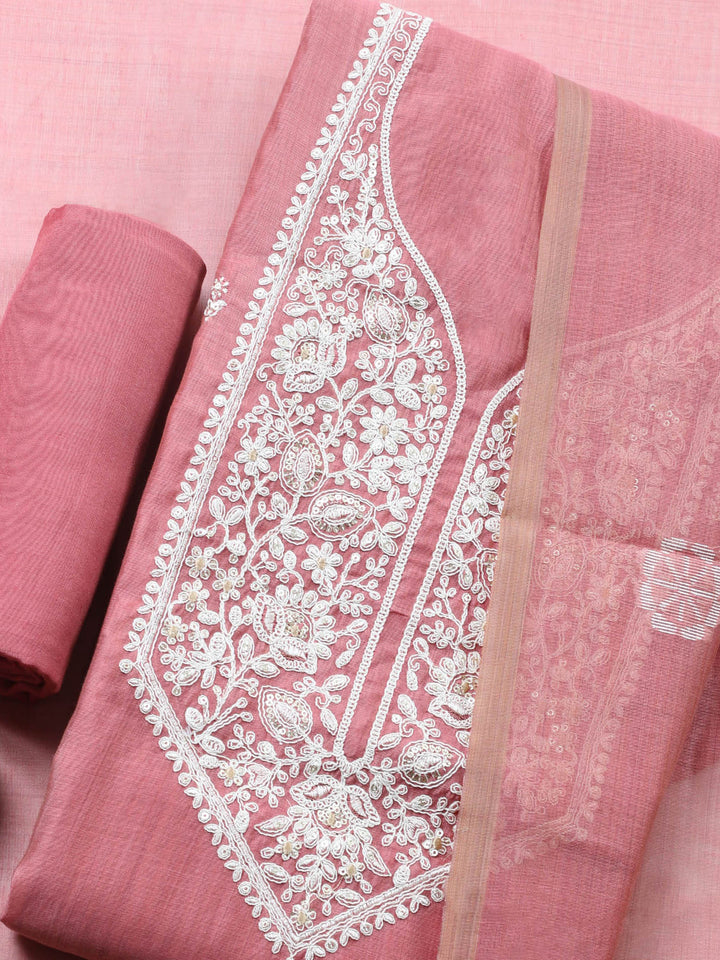 Pink Embroidered Chanderi Unstitched Suit &amp; Pant With Chanderi Dupatta